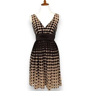 Burlapp Black & Beige Pleated Polka Dot Sleeveless V Neck A Line Dress Size 0